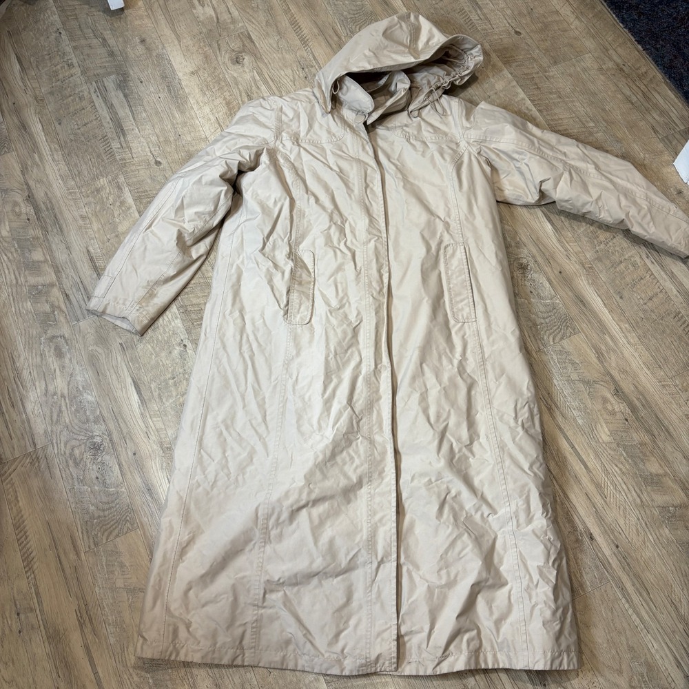 LL Bean Trench Coat Women's Large Reg Beige Full Zip Snap Front Lined Hood